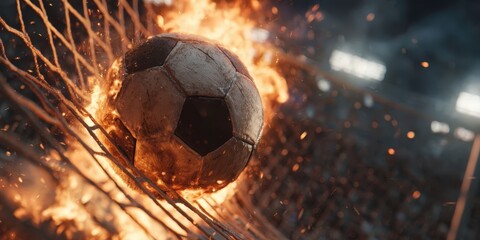 Fototapeta premium Fiery Soccer Ball Scoring in Intense Stadium Match