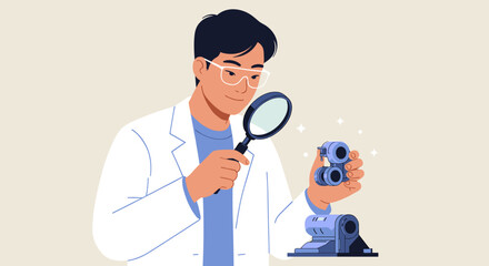 Asian male scientist analyzing robotic parts with magnifying glass. Vector illustration