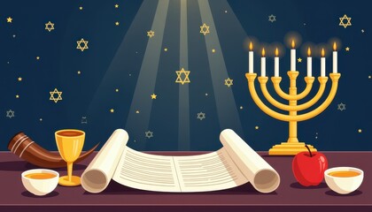 Flat illustration of a Yom Kippur scene featuring a Torah scroll, shofar, kiddush cup, and menorah with candle flames against a dark blue background, celebration of tradition.
