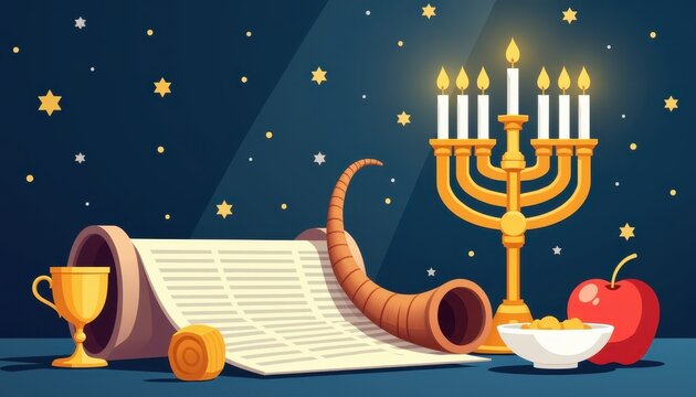 A vibrant Yom Kippur scene featuring a Torah scroll, shofar, kiddush cup, red apple, and golden menorah against a dark indigo background, celebrating tradition and reverence.