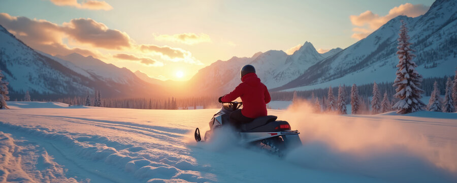 Person rides snowmobile through snowy mountain landscape at sunset. Snowmobile kicks up powder snow. Winter adventure, travel, and sport with scenic background.