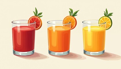 Illustration of three glasses filled with colorful fruit juices red, orange, yellow. Glass garnished with citrus slice, leaves. Vibrant beverages represent healthy drinks, offering vitamins,