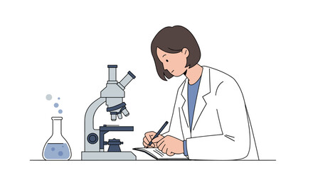Female asian scientist in lab coat conducting research with microscope and beaker. Vector illustration