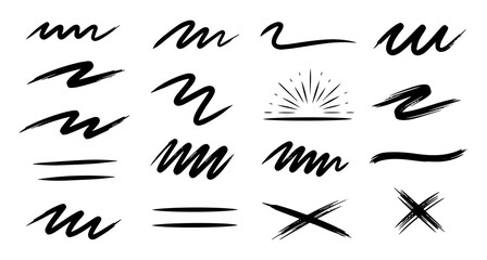 Collection of hand drawn brush strokes and markings for design and emphasis