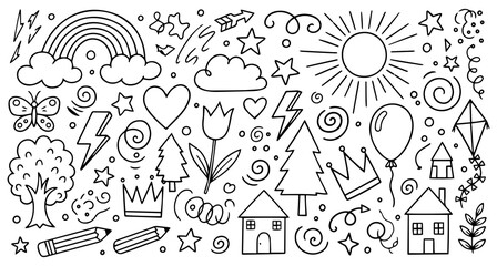 Whimsical doodle collection featuring nature elements homes and celebratory icons