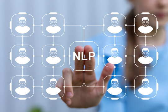 Young girl using virtual touch screen push acronym: NLP. NLP Natural Language Processing AI Artificial intelligence or Neuro Linguistic Programming Concept.