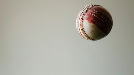 Cricket ball in mid-air, showcasing its textured surface and stitching details, against a soft gradient background, representing the essence of the sport and its dynamic nature