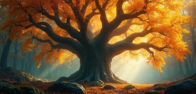 Majestic ancient tree with golden autumn leaves glows in sunlight. Mossy rocks and fallen leaves blanket the forest floor. Sunbeams illuminate the magical, mystical scene. - Powered by Adobe