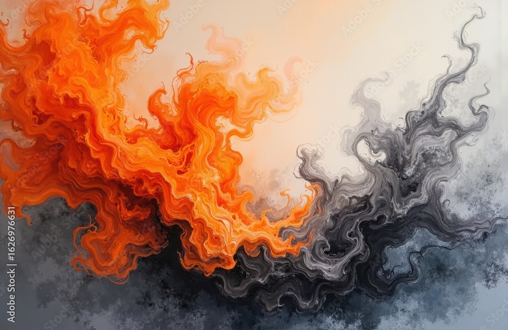Poster vivid abstract painting with swirling orange and gray smoke-like patterns creating dynamic movement