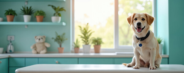 Happy golden retriever sits patiently in veterinary clinic bathed in natural light. Clean, bright interior with potted plants. Vet visit implies health care, wellness, excellent pet care services for