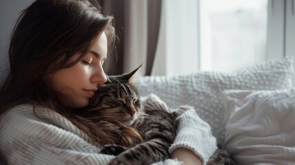 Young woman with long hair peacefully cuddling a tabby cat while sitting on a cozy couch, surrounded by soft pillows and natural light, showcasing warmth and companionship