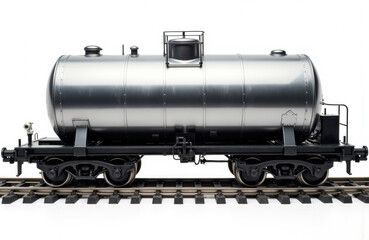 Naklejka premium A metallic tanker railcar positioned on railway tracks with a clear sky background