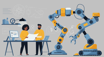 Engineers collaborating on robotics project with diverse creative female and male team. Vector illustration