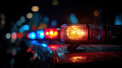 Flashing emergency vehicle lights in nighttime urban scene