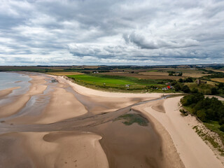 An aerial view of the magnificent beach at Lunan Bay near Montrose in Angus, Scotland