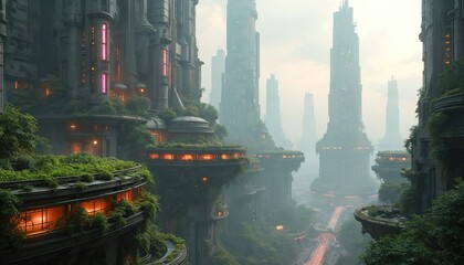 Futuristic sci-fi cityscape blends towering skyscrapers with abundant green rooftop gardens. Advanced architecture features concrete structures, high technology, creating sustainable urban metropolis