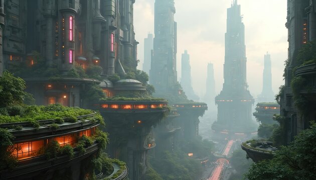 Futuristic sci-fi cityscape blends towering skyscrapers with abundant green rooftop gardens. Advanced architecture features concrete structures, high technology, creating sustainable urban metropolis