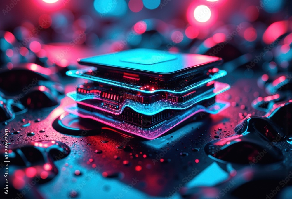 Poster computer chip with glowing circuits on a wet surface, illuminated by vibrant pink and blue lights, c