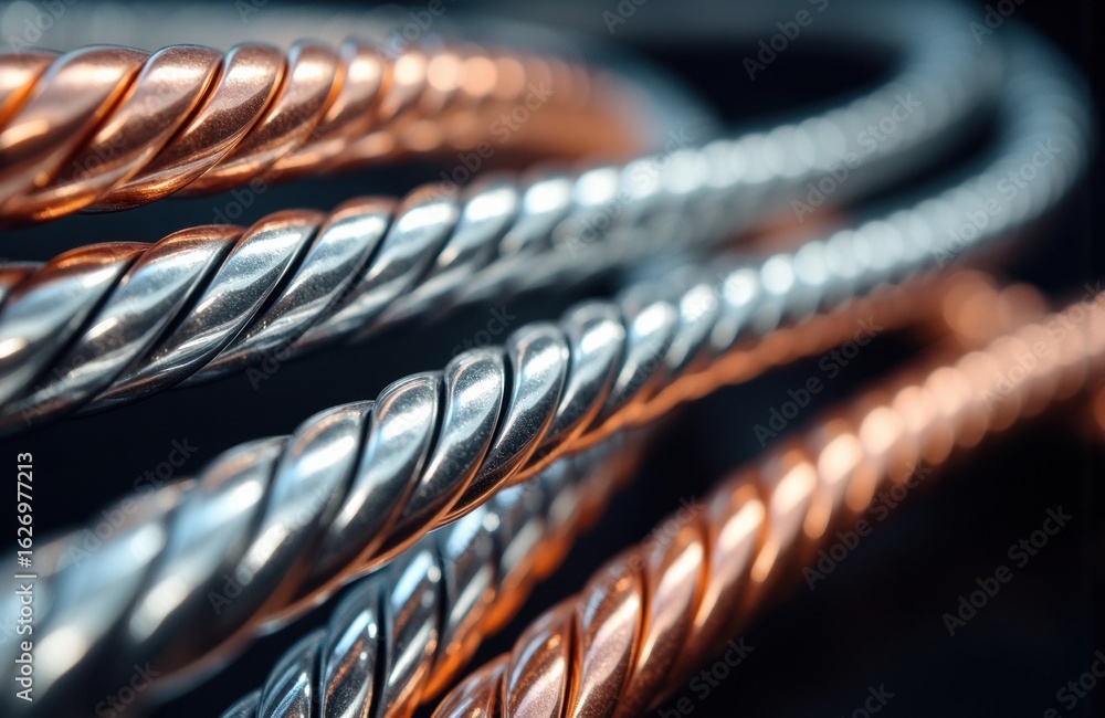 Poster close-up of twisted metal cables with metallic and copper tones creating a textured pattern