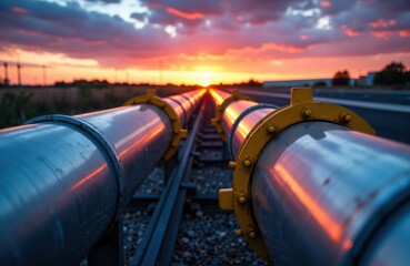 A pipeline runs along railway tracks during a colorful sunset sky