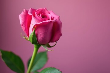 A tightly furled pink rosebud on a vibrant green stem , vibrant, fresh