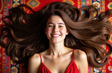 Naklejka premium Woman lying on colorful patterned surface with long flowing hair and a bright smile