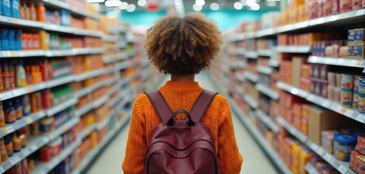 Young woman with curly hair, backpack walks through store aisle stacked with products. Focus on consumer behavior, retail marketing strategies, buyer journey, product choice, brand perception. - Powered by Adobe