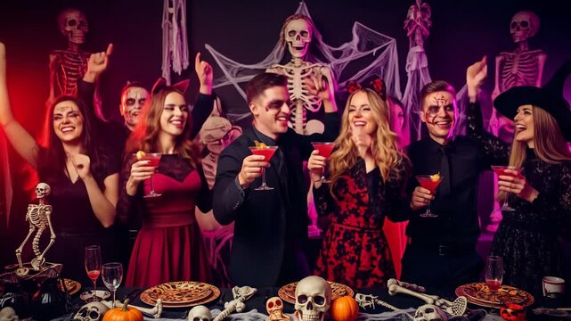 A cheerful group of friends celebrate Halloween by raising toasts at a costume party with themed decor. The atmosphere is festive.