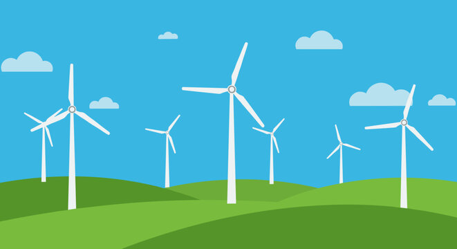 Sustainable energy concept with wind turbines on rolling green hills and blue sky. Vector illustration