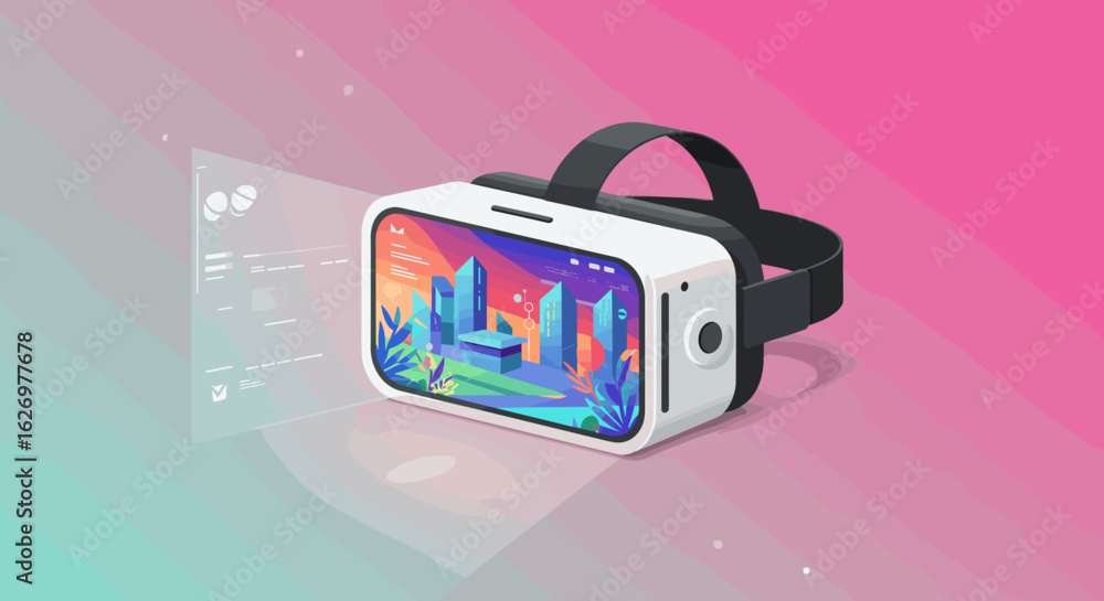 Poster virtual reality headset with abstract cityscape display on gradient background. vector illustration