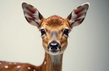 Fototapeta premium Close-up of a young deer with large ears and gentle eyes looking directly at the camera