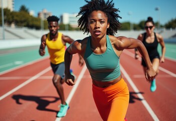 Female sprinter in colorful athletic wear running on a track during daytime