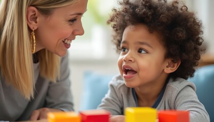 Speech therapist works with child on language acquisition. Pro assists young boy with autism on speech development tasks, focusing on communication, learning. Colorful blocks aid speech therapy