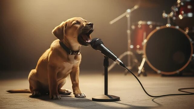 A puppy sings into a microphone on a stage