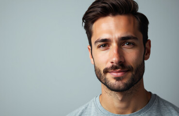 Obraz premium A portrait of a young man with dark hair and a beard smiling softly at the camera
