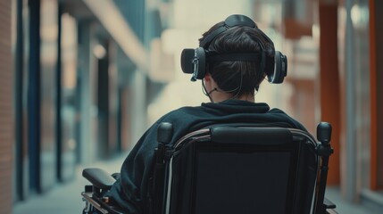 Person in wheelchair using virtual reality headset.