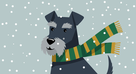 Schnauzer dog in green and yellow scarf enjoying snowy winter day. Vector illustration