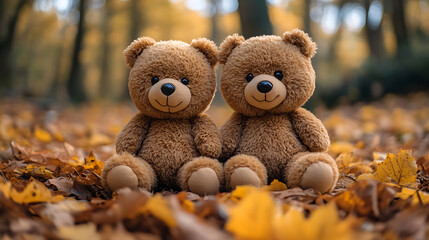 Two Brown Teddy Bears Sitting Together in Autumn Leaves