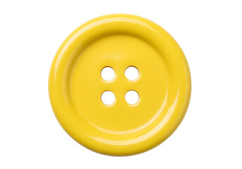 A shiny yellow round sewing button with four holes for clothing or crafts. Isolated on transparent background, png