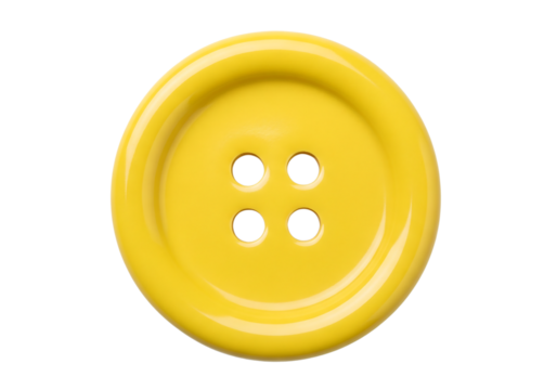 A shiny yellow round sewing button with four holes for clothing or crafts. Isolated on transparent background, png
