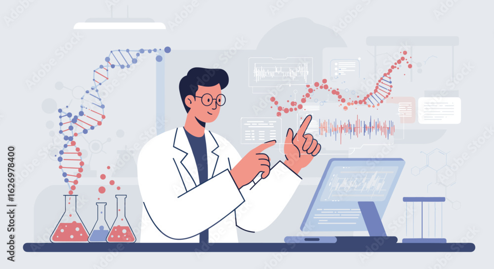 Poster young caucasian male scientist analyzing dna data in modern laboratory with computer technology. vec