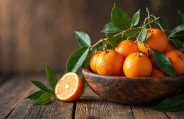 Rustic wooden bowl overflows with vibrant mandarins, green leaves, resting on textured wooden table. Warm kitchen atmosphere enhanced by natural colors, organic freshness of citrus fruit arrangement.