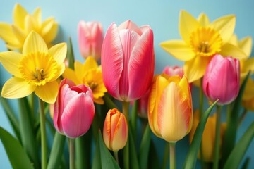 Fototapeta premium Close-up of cut tulips and daffodils, Easter theme, petals, holiday