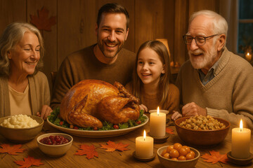A family gathers around a festive table with a roasted turkey. Two senior adults, a middle-aged man, and a young girl smile joyfully. Candles and side dishes are present.