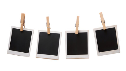 Four Hanging Blank Instant Photo Frames on Rope – Isolated White Background Decor Concept

