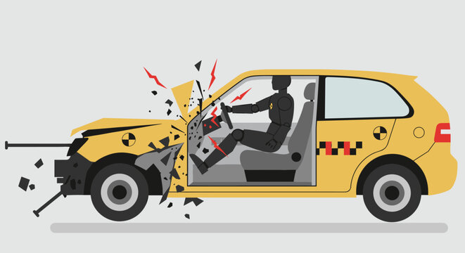 Crash test dummy impact in yellow sedan illustrating safety testing dynamics. Vector illustration
