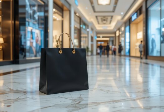 Bolsa de regalo negra de lujo con asas doradas sobre un suelo de m&aacute;rmol, con escaparates brillantes en un centro comercial de lujo