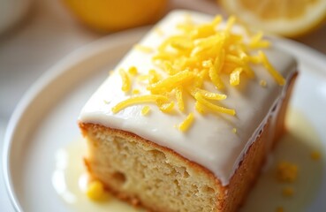 Slice of delicate lemon drizzle cake topped with white icing, fresh lemon zest. Moist sponge cake features light crumb, citrus flavor, perfect for tea time dessert. Enjoy refreshing taste of homemade