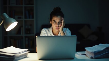 Mujer mirando un correo electrónico de rechazo laboral en una computadora portátil, cara preocupada, oficina en casa con poca luz, atmósfera de crisis económica