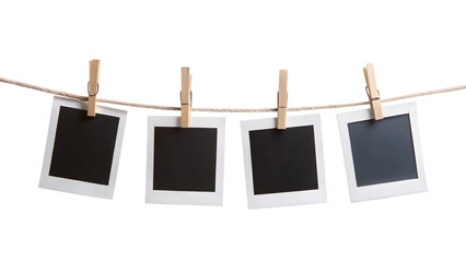 Four Hanging Blank Instant Photo Frames on Rope – Isolated White Background Decor Concept

